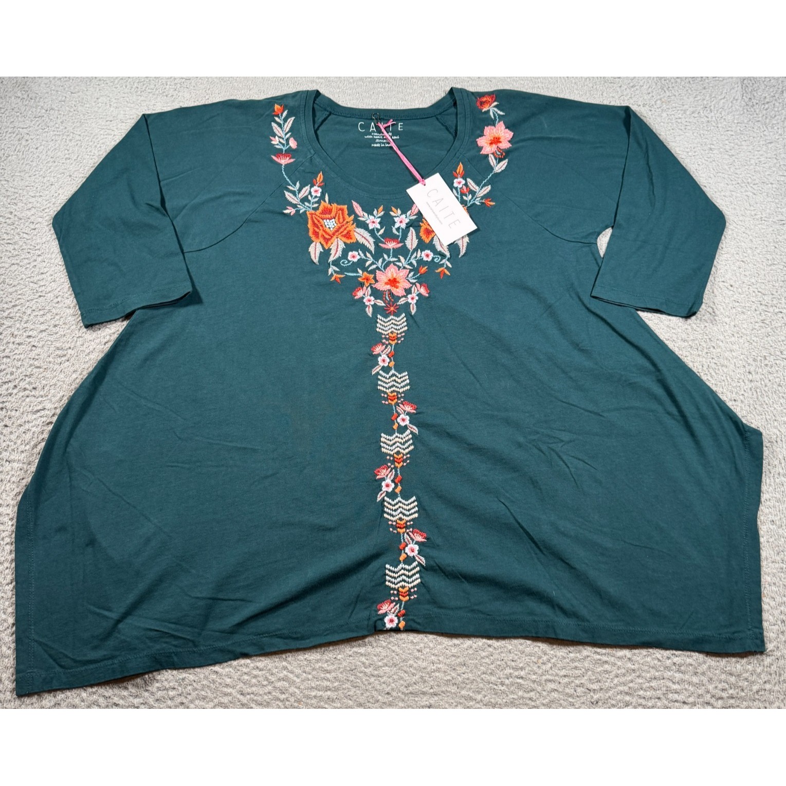 Caite Aisha Tunic Top Women Small Deep Teal Embroidered Floral Round Neck Nwt